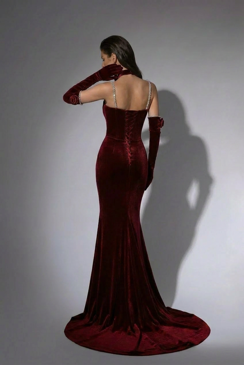 Burgundy Gothic Evening Dress with Floral Appliqué - Elegant Red Evening Gown Plus Size