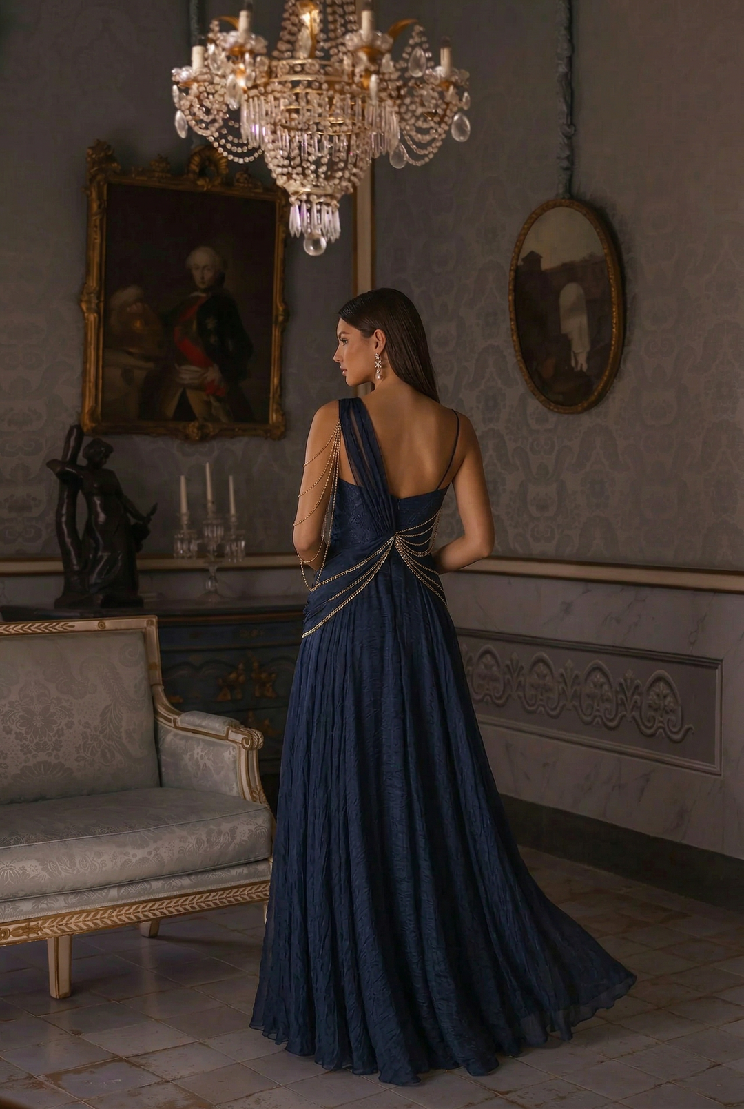 Gothic Navy Blue  Fantasy Dress - Fairy Evening Dress with Draped Pearls Plus Size