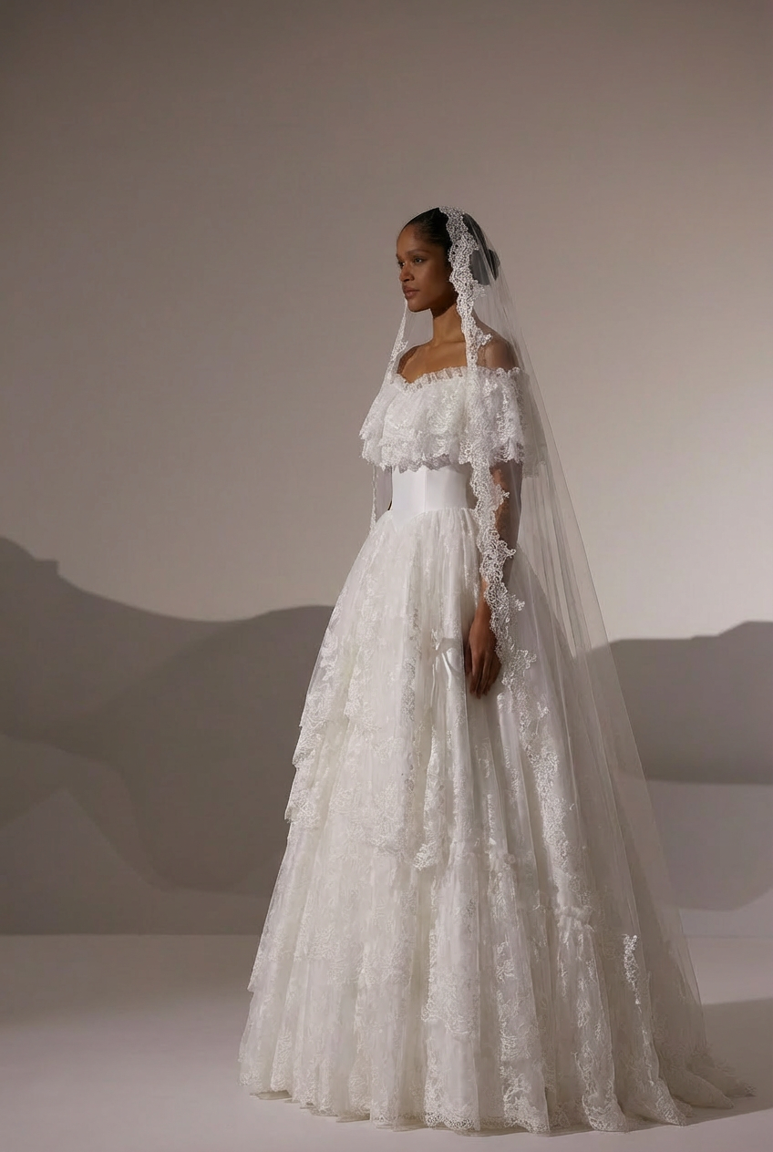 Antique Victorian Vintage Ivory White Lace Off-Shoulder Ball Gown Wedding Dress with Tiered Skirt