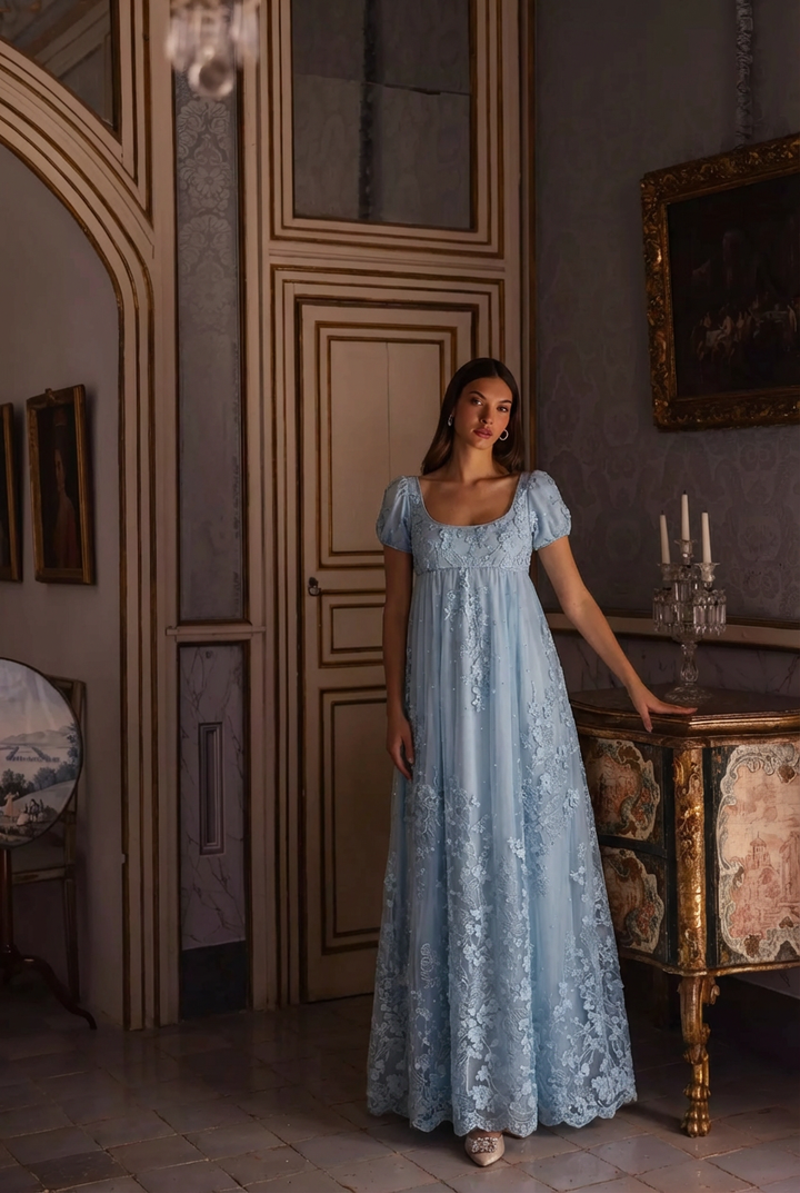 Bridgerton Daphne Blue Pink Lilac Lace Dress With Beading- Regency Era Blue Lace Dress Plus Size