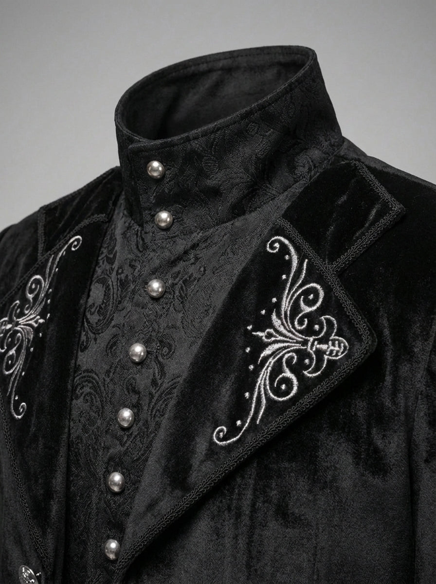 Victorian Long-Tailed Tuxedo Two Piece - Embroidered High Collar Velvet Suit For Men -Plus Size