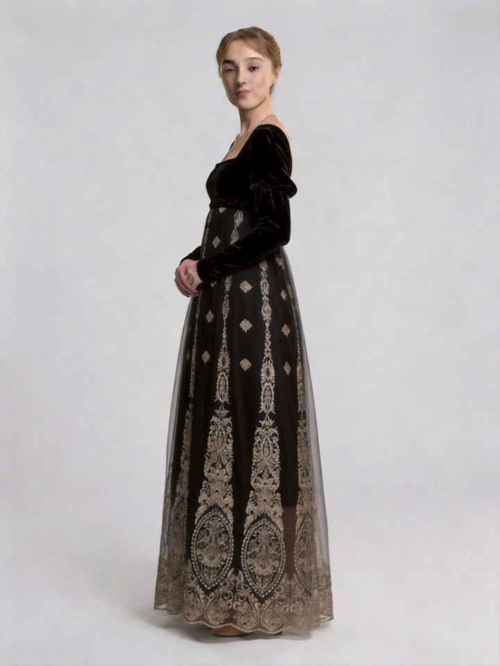 Bridgerton Regency Black Embroidered Velvet Empire Waist Vintage Gown with Baroque Silver Motif Plus Size
