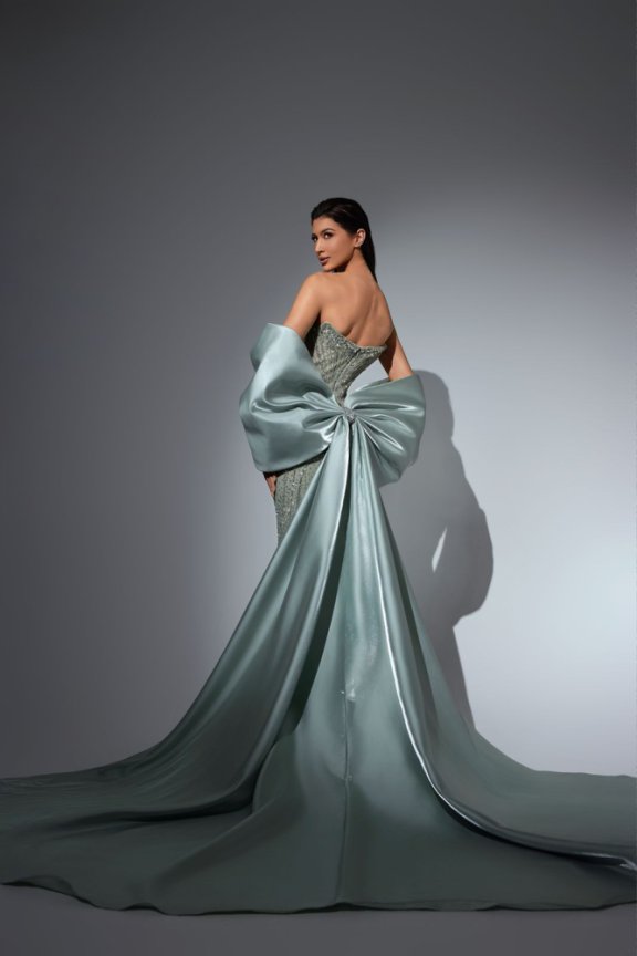 Blue Pretty Sequin Dress with Dramatic Satin Sleeves – Strapless Sequin Evening Gown Plus Size