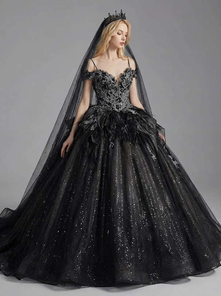 Gothic Black Off-Shoulder Wedding Dress with Embellished Tulle Plus Size