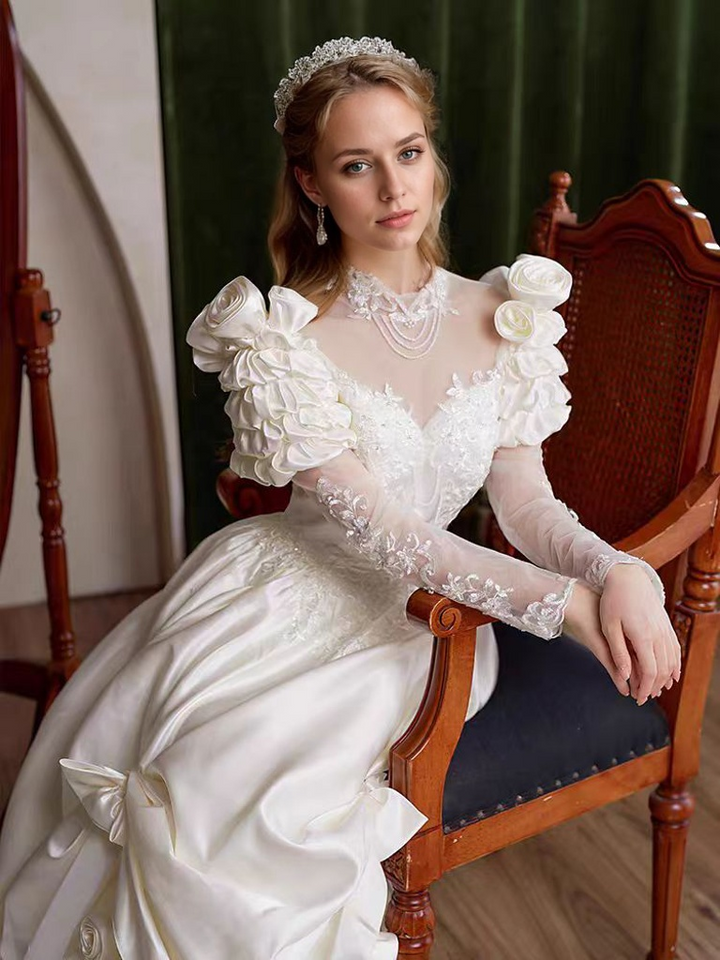 Victorian Vintage Ivory White Satin Antique Wedding Dress with Long Sleeves, Embroidered Bodice, and Long Train - Plus Size
