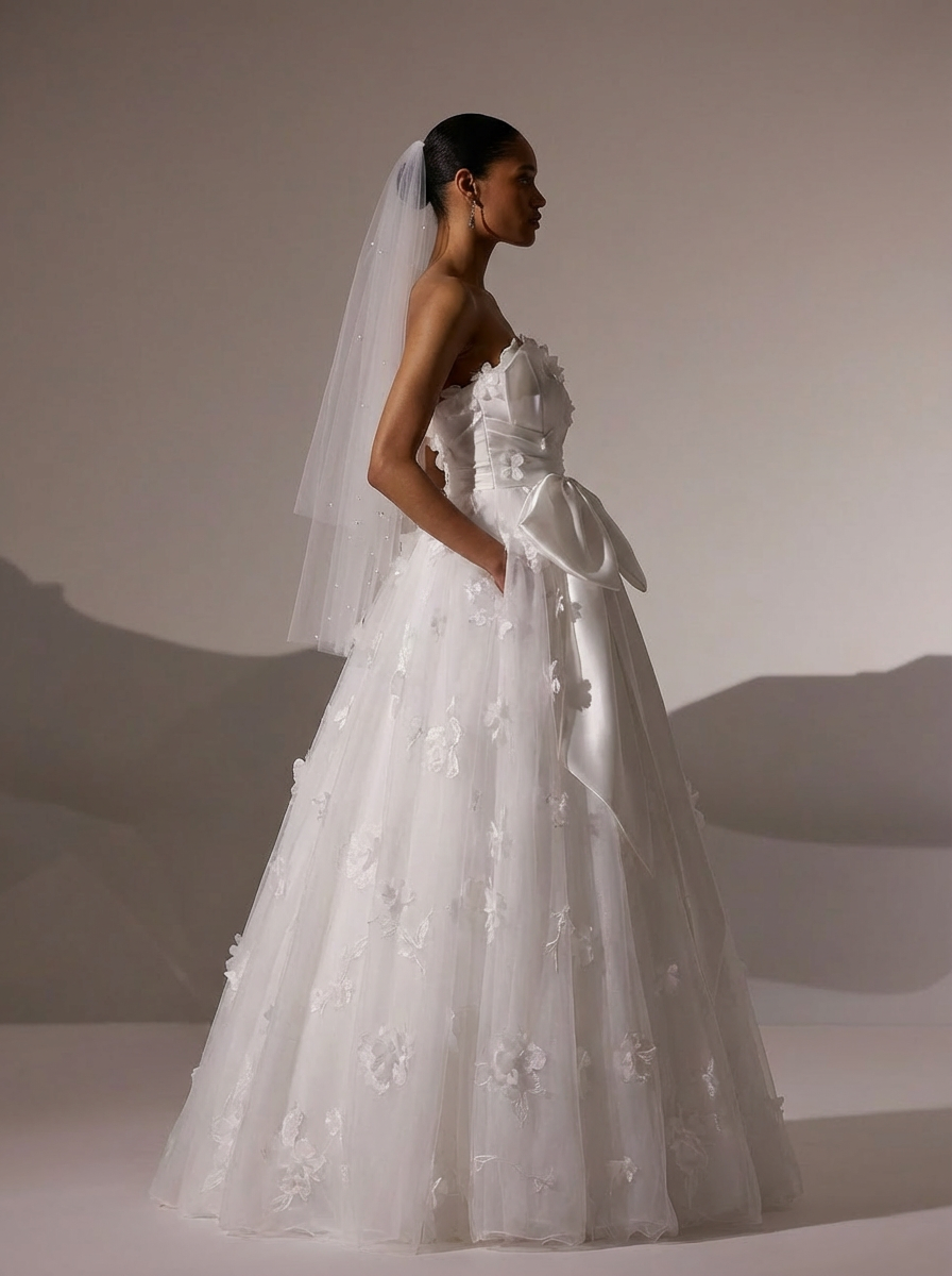 White Floral Wedding Dress with Bow – Ball Gown Wedding Dresses Princess with Strapless - Fairytale Wedding Dress Plus Size