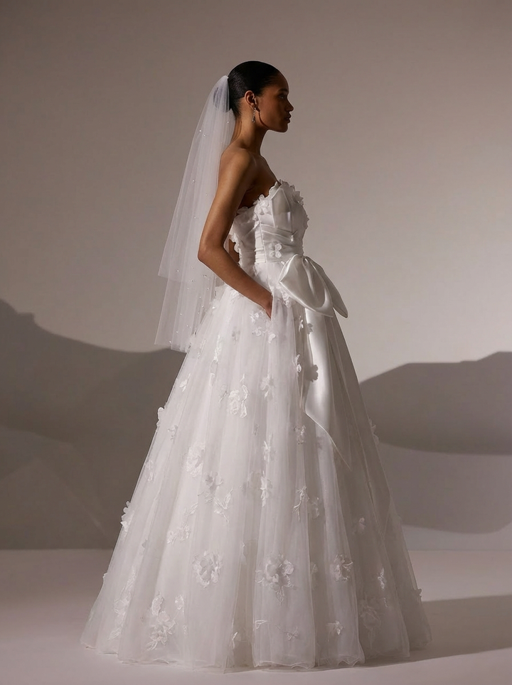 White Floral Wedding Dress with Bow – Ball Gown Wedding Dresses Princess with Strapless - Fairytale Wedding Dress Plus Size