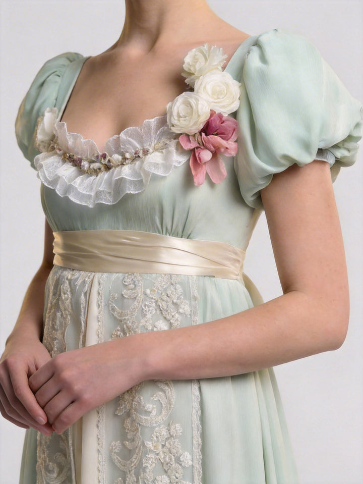 Regency Era Vintage Sage Green Empire Waist Dress – Bridgerton Inspired Embroidered Dress Plus Size