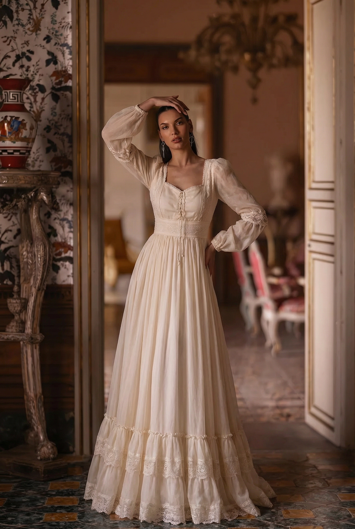 Gunne Sax Inspired Beige Chiffon Prom Dress - Modest Lace Tea Dress - French Style 1980s