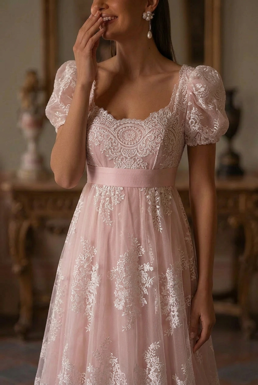 Bridgerton Style Blush Pink Pink Lace Regency Era Ball Gown Wedding Dress Plus Size