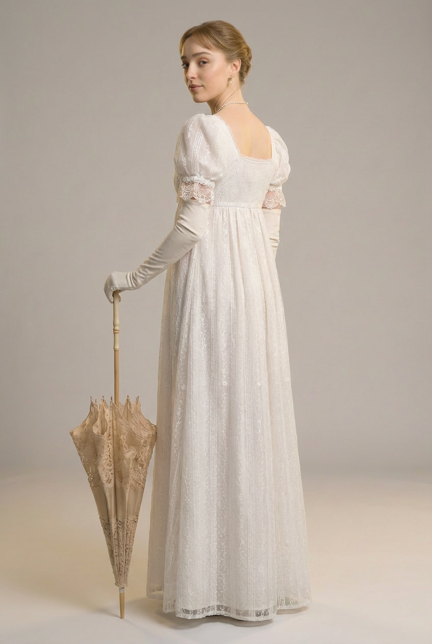 Romantic Regency Era White Lace Wedding Dress - Empire Waist Ball Gown Plus Size