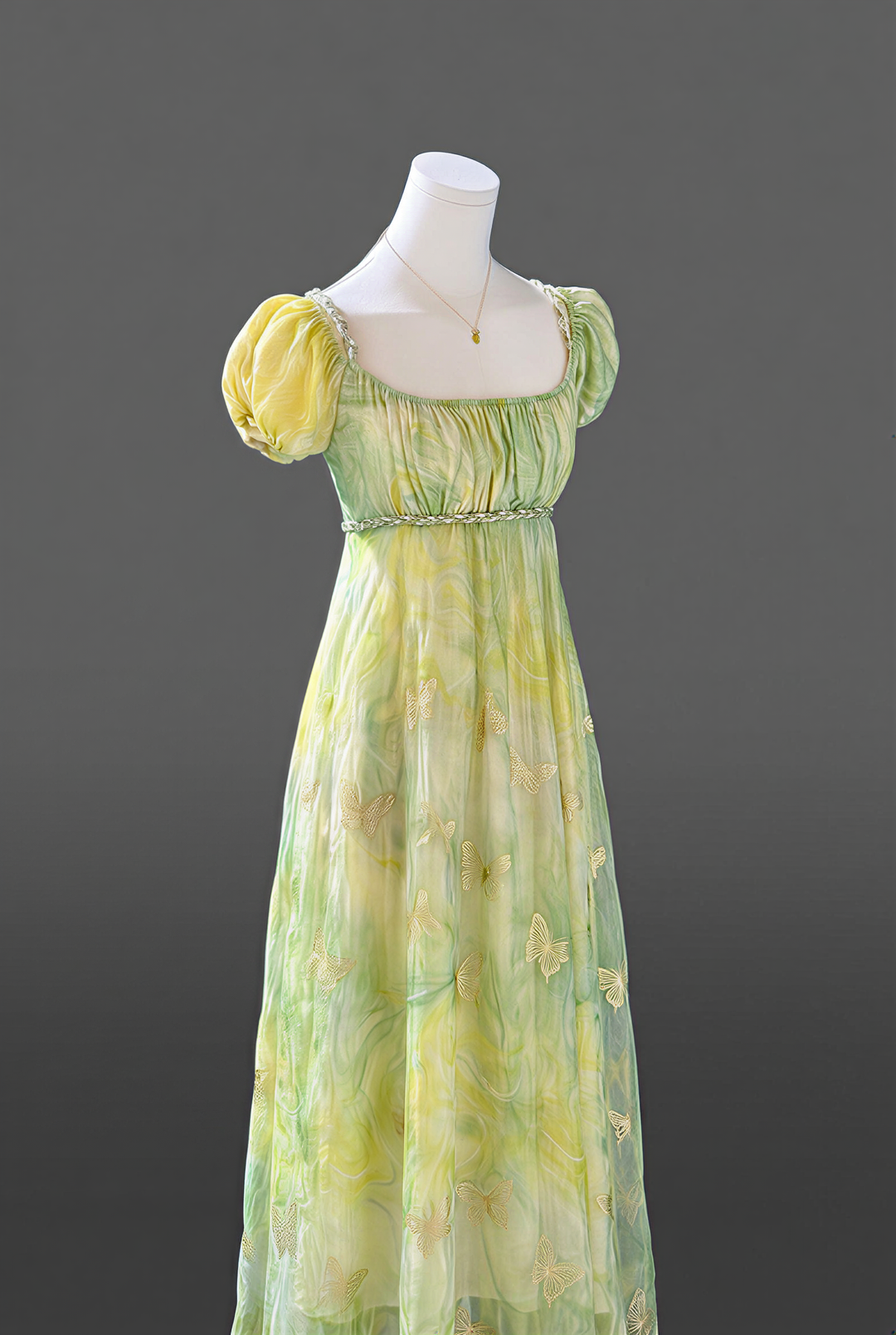 Regency Era Green Butterfly Embroidered Empire Waist Vintage Gown with Puff Sleeves – Bridgerton Inspired Dress Plus Size