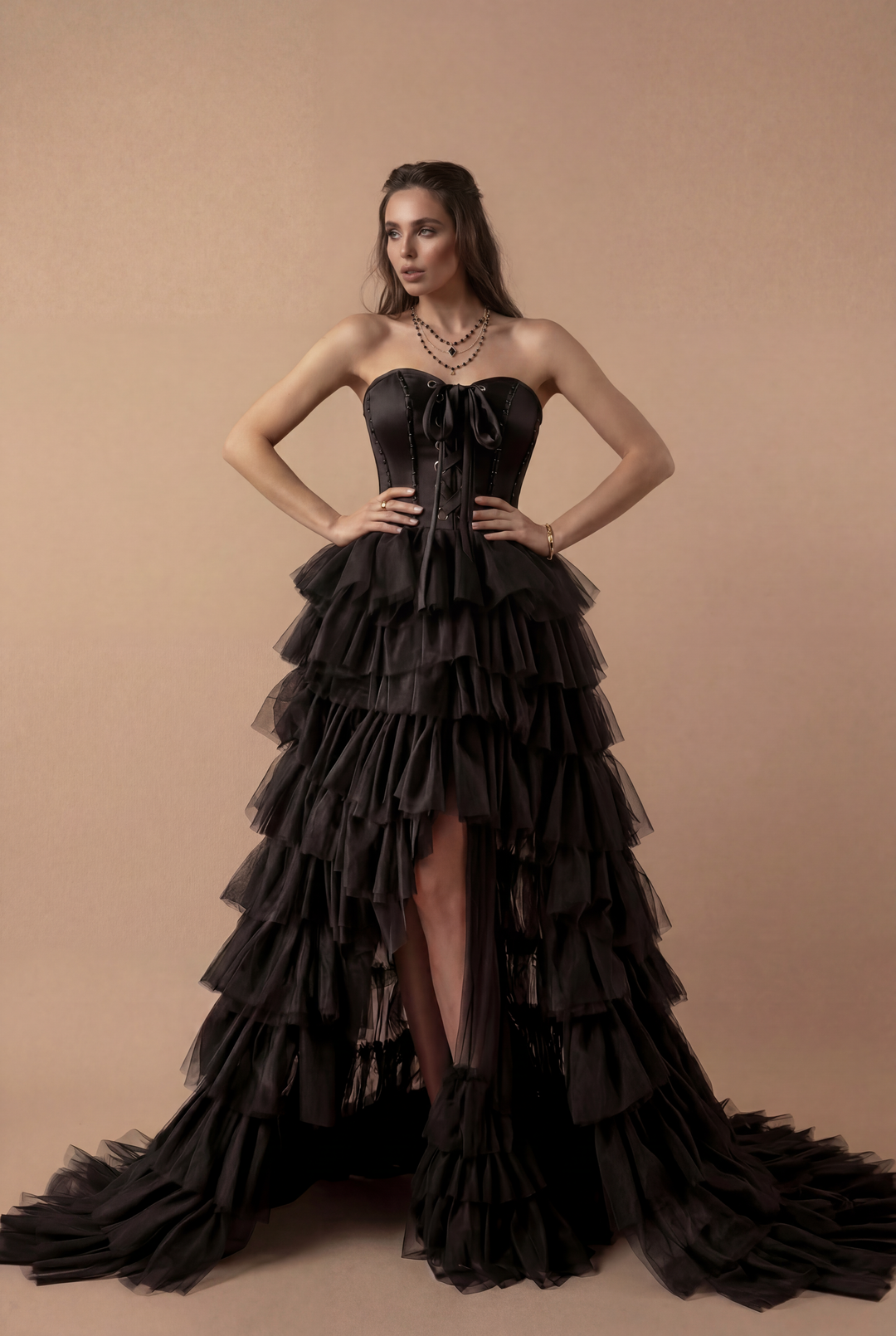Gothic Black Strapless Evening Gown - Layered Tulle Ruffle Dress with WonderlandByLilian Gothic Black Strapless Evening Gown - Layered Tulle Ruffle Dress with WonderlandByLilian