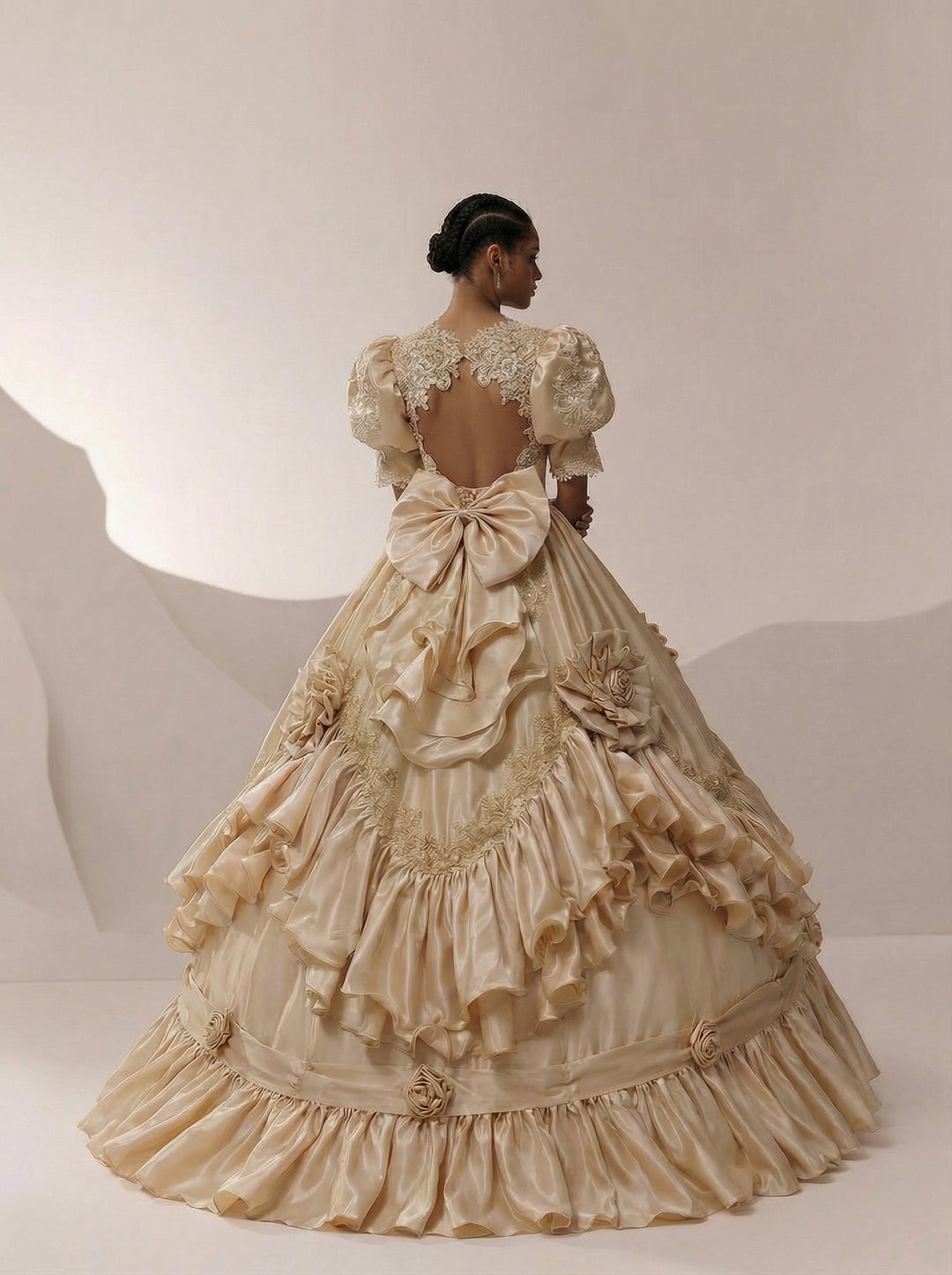 Golden Satin Vintage Antique Wedding Dress with Embroidered Ruffles - Plus Size