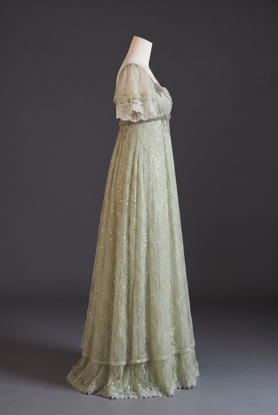 Pale Green Regency Era Embroidered Tulle Empire Waist Dress with Rhinestone Trim and Puff Sleeves Plus Size