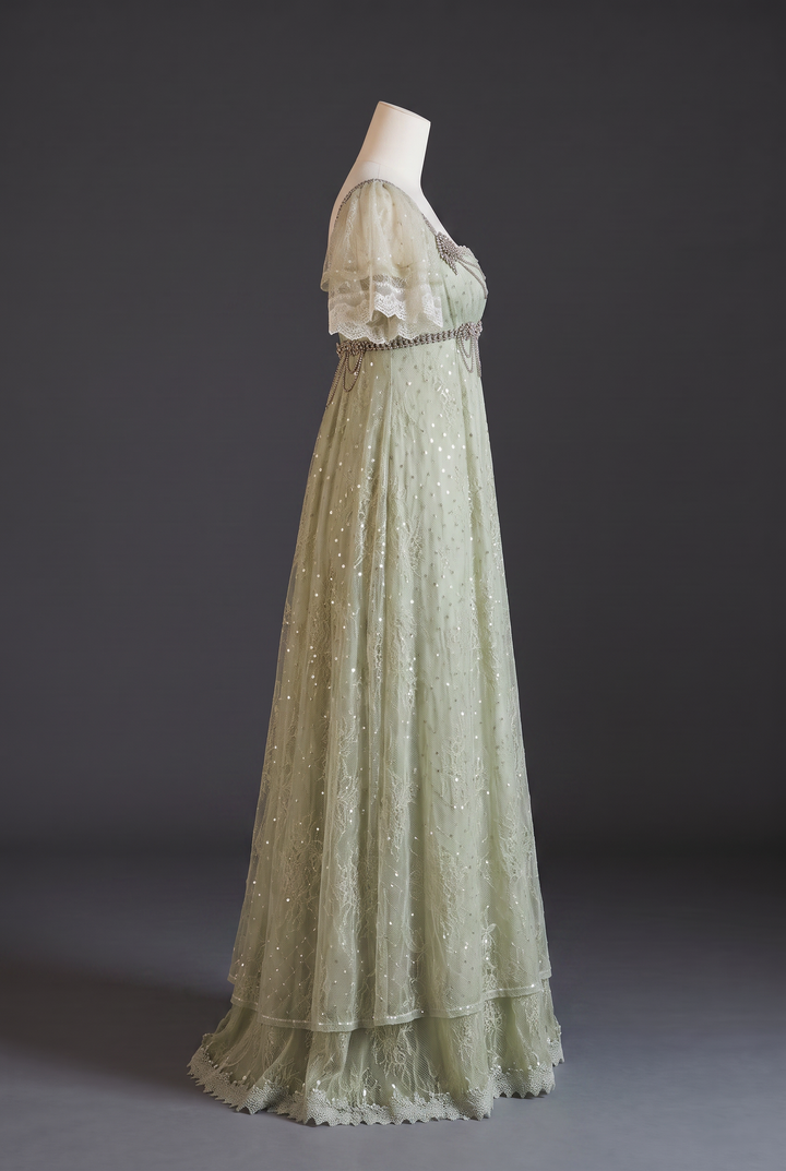Pale Green Regency Era Embroidered Tulle Empire Waist Dress with Rhinestone Trim and Puff Sleeves Plus Size