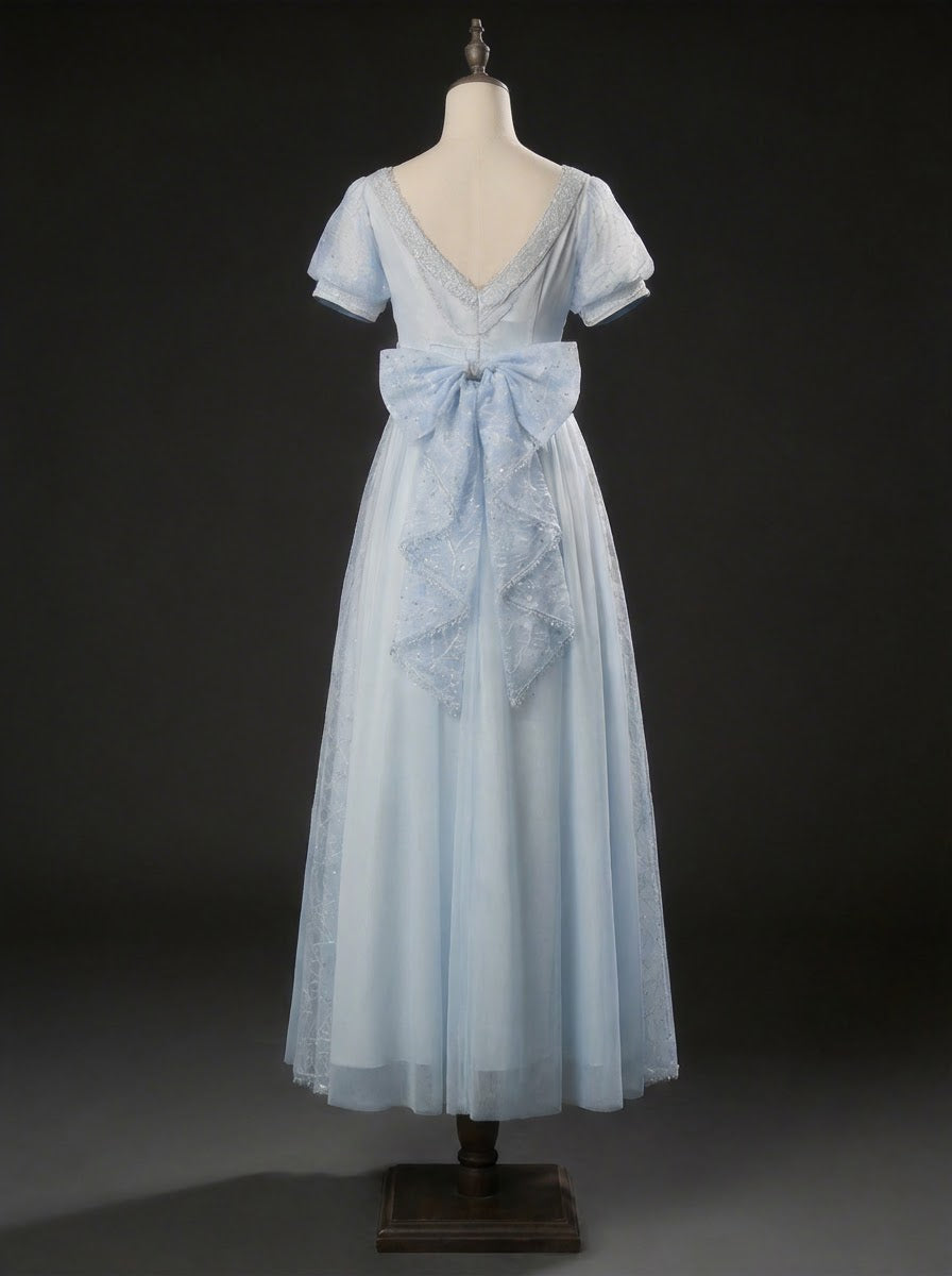 Regency Era Blue Lace Empire Waist Vintage Gown – Bridgerton Inspired Sheer Overlay Dress Plus Size