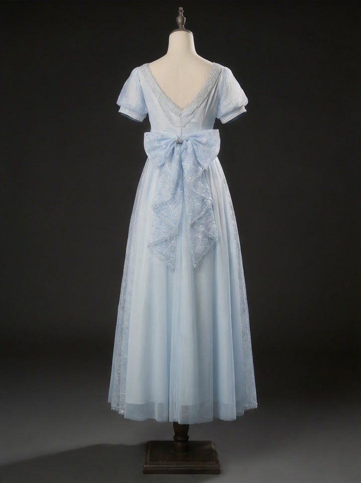 Regency Era Blue Lace Empire Waist Vintage Gown – Bridgerton Inspired Sheer Overlay Dress Plus Size