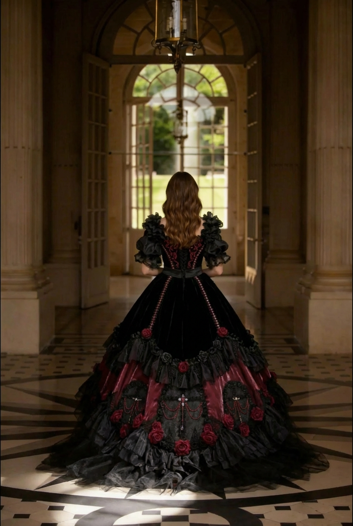Victorian-Inspired Black Gothic Lolita Ball Gown with Burgundy Satin and Edwardian Lace – Gothic Evening Dress Plus Size