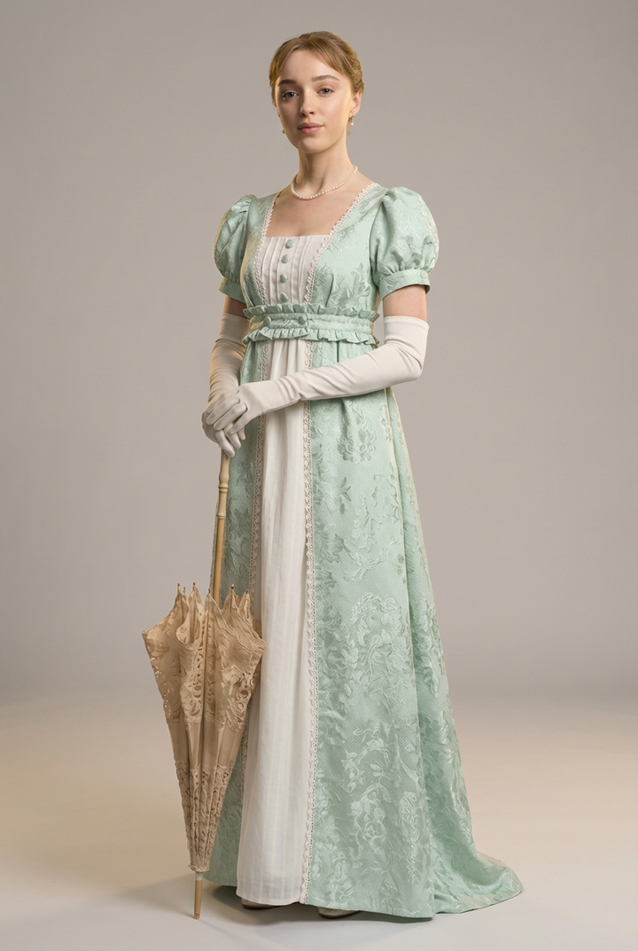 Modest Green Cotton Regency Dress - Jane Austin Regency Era Ball Gown  - Plus Size