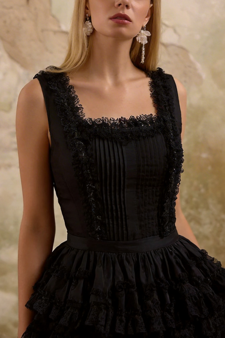 Victorian-Inspired Black and White Gothic Lolita Ball Gown with Tiered Ruffles – Tencel Organza Dress with Lace Trim Plus Size