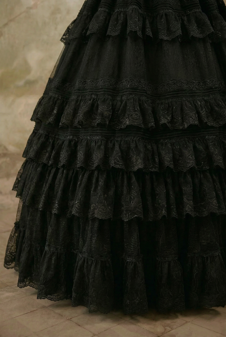 Edwardian Style Gothic Black Long Dress - Victorian Lace Dress Plus Size