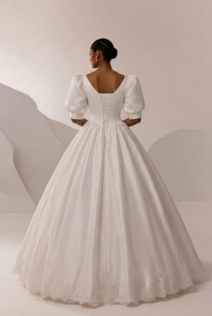 Simple Satin Wedding Dress with Corset – Lace Appliqué Wedding Dress with Bow Detail Plus Size