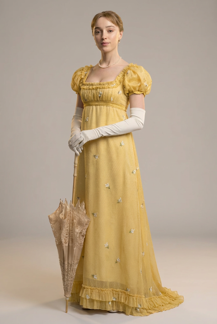 Romantic Yellow Regency Era Embroidered Dress With Ruffle - Empire Waist Dress Plus Size