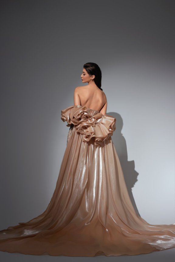 Champagne Glitter Maxi Dress with Dramatic Satin Sleeves – Strapless Sequin Evening Gown Plus Size