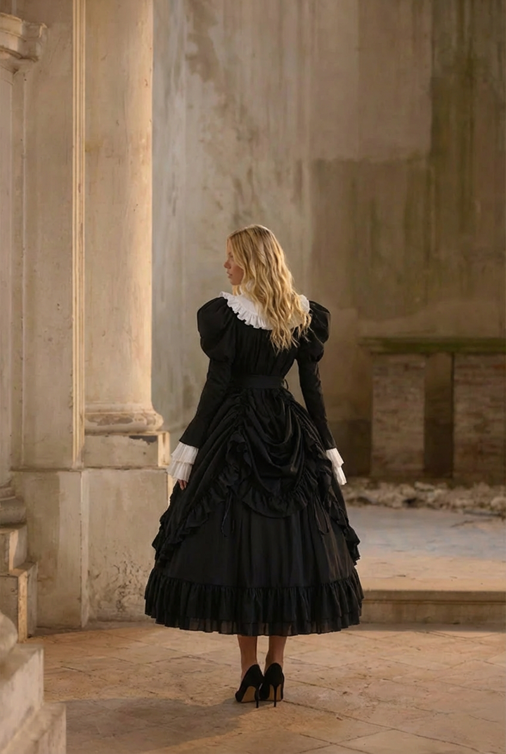 Victorian-Inspired Black and White Gothic Ball Gown with Cross Embroidery – Edwardian High Neck Lolita Dress Plus Size