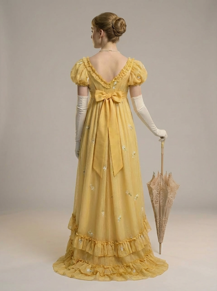 Romantic Yellow Regency Era Embroidered Dress With Ruffle - Empire Waist Dress Plus Size