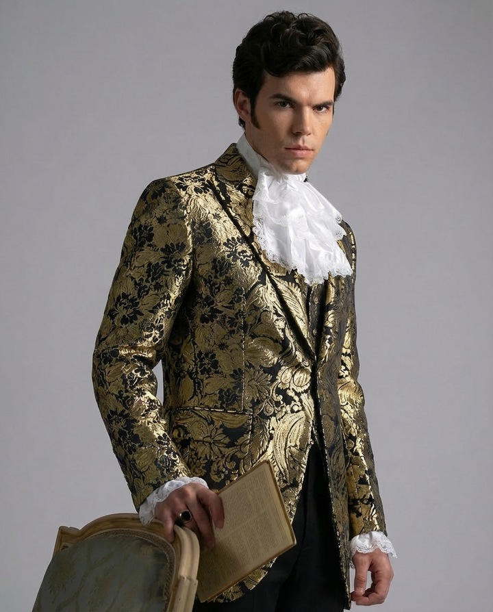 Black Gold Baroque Jacquard Regency Jacket for Men – Gothic Palace Formal Tailored Coat Plus Size