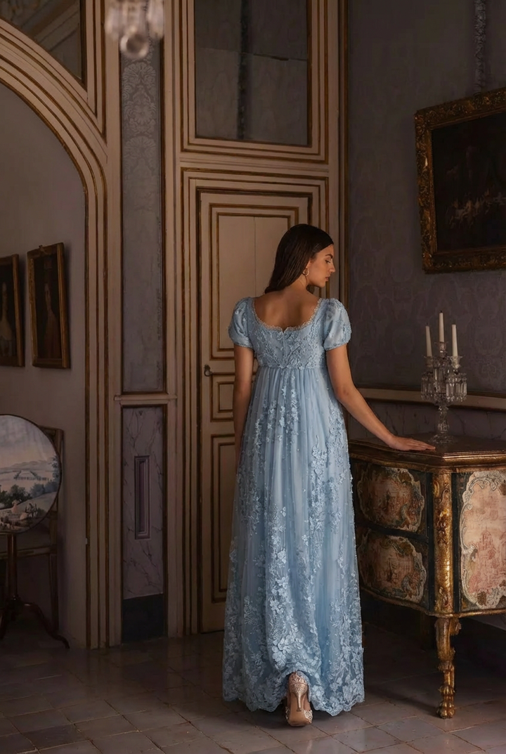 Bridgerton Daphne Blue Pink Lilac Lace Dress With Beading- Regency Era Blue Lace Dress Plus Size