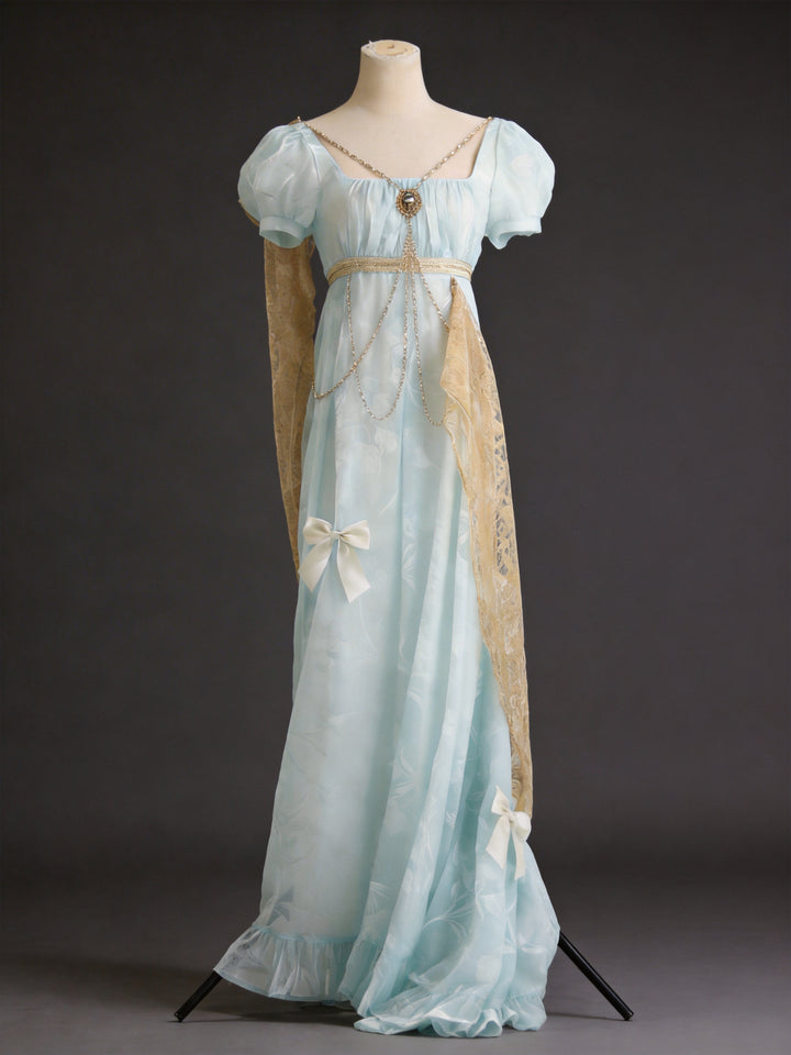 Regency Era Mint Green Empire Waist Chiffon Dress with Puff Sleeves and Gold Chain Detail – Bridgerton Inspired Vintage Gown Plus Size