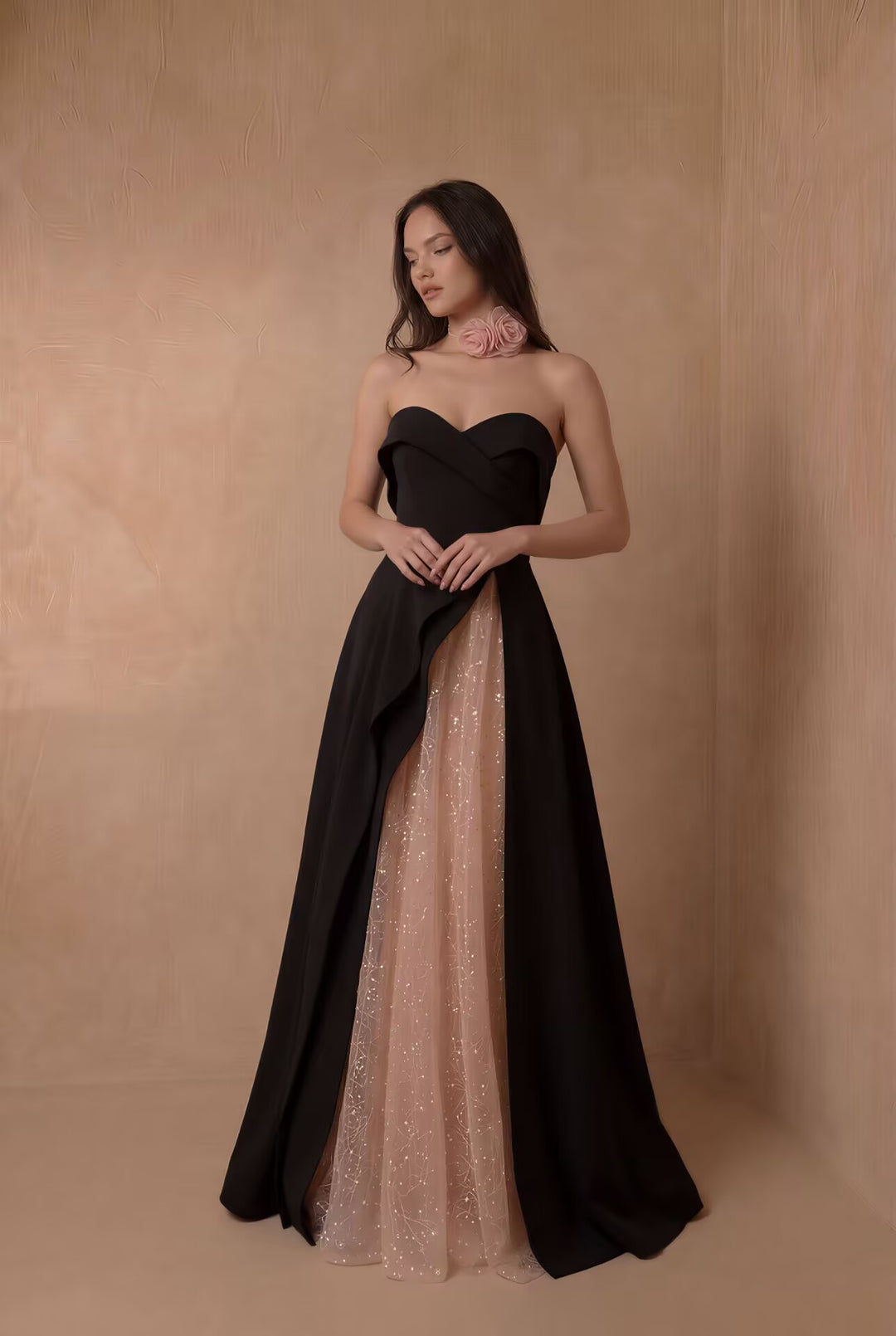 Black Strapless High-Slit Evening Gown With Gauze - Gothic Wedding Dress - Plus Size
