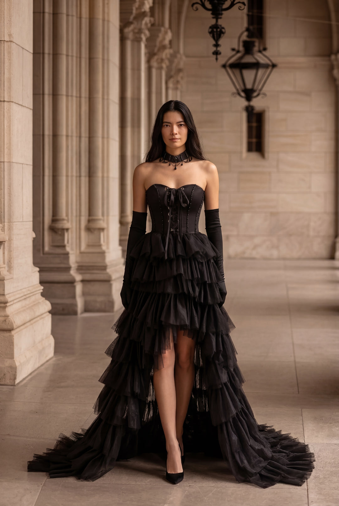Gothic Black Strapless Evening Gown - Layered Tulle Ruffle Dress with WonderlandByLilian Gothic Black Strapless Evening Gown - Layered Tulle Ruffle Dress with WonderlandByLilian