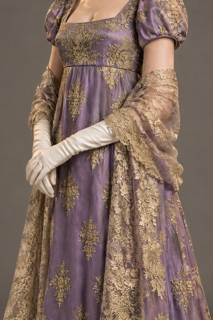 Bridgerton Daphne Inspired Regency Empire Waist Purple Embroidered Dress with Puff Sleeve Plus Size
