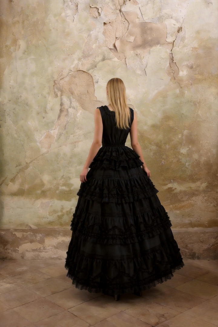 Victorian-Inspired Black and White Gothic Lolita Ball Gown with Tiered Ruffles – Tencel Organza Dress with Lace Trim Plus Size