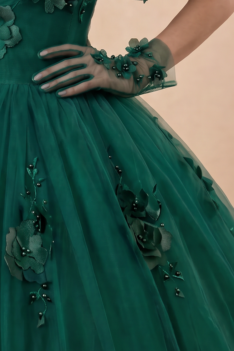 Gothic Emerald Green Ball Gown with Floral Accents - Off Shoulder Wedding Dress Plus Size