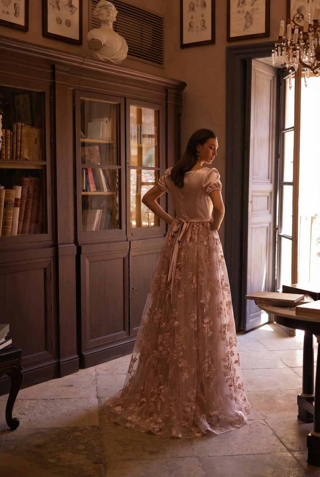 Dusty Pink Regency Era Dress with Pink Floral Lace Overlay - Pink Regency Gown with Puff Sleeves and Tulle Plus Size