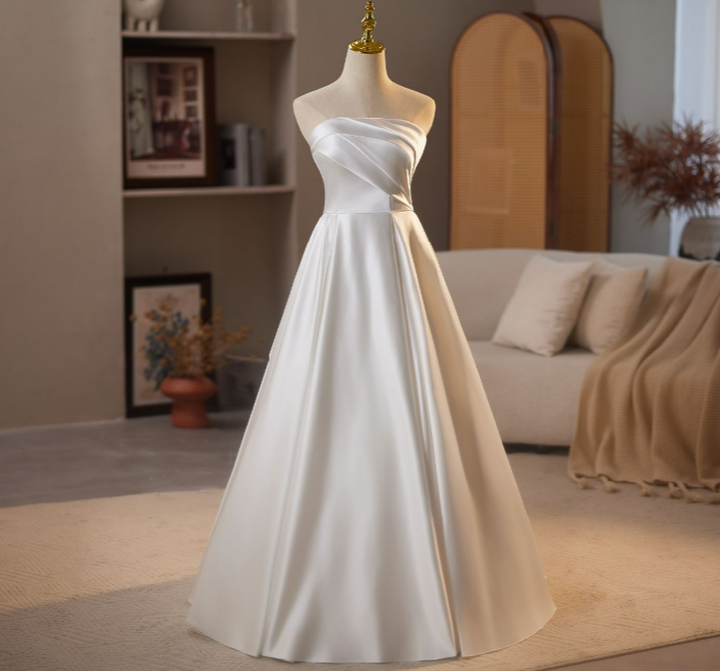 Simple Satin Strapless Wedding Dress – Classic Wedding Dress - A-Line Satin Wedding Gown Plus Size