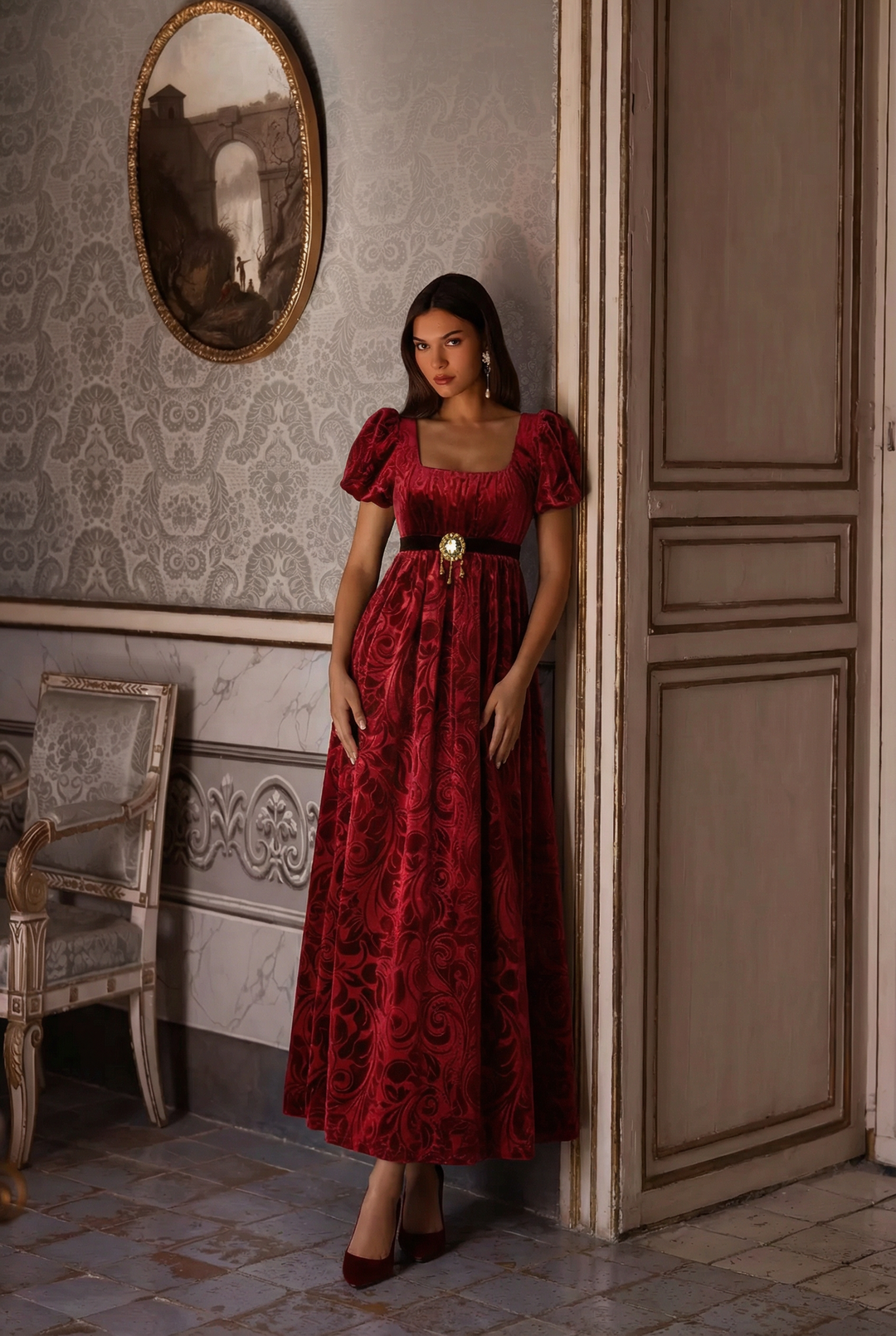Bridgerton Inspired Regency Era Ruby Red Velvet Jacquard Ball Gown Bridgerton Inspired Regency Era Ruby Red Velvet Jacquard Ball Gown