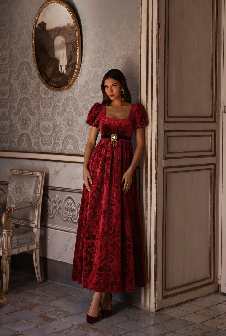 Bridgerton Inspired Regency Era Ruby Red Velvet Jacquard Ball Gown - Regency Era Dress Plus Size
