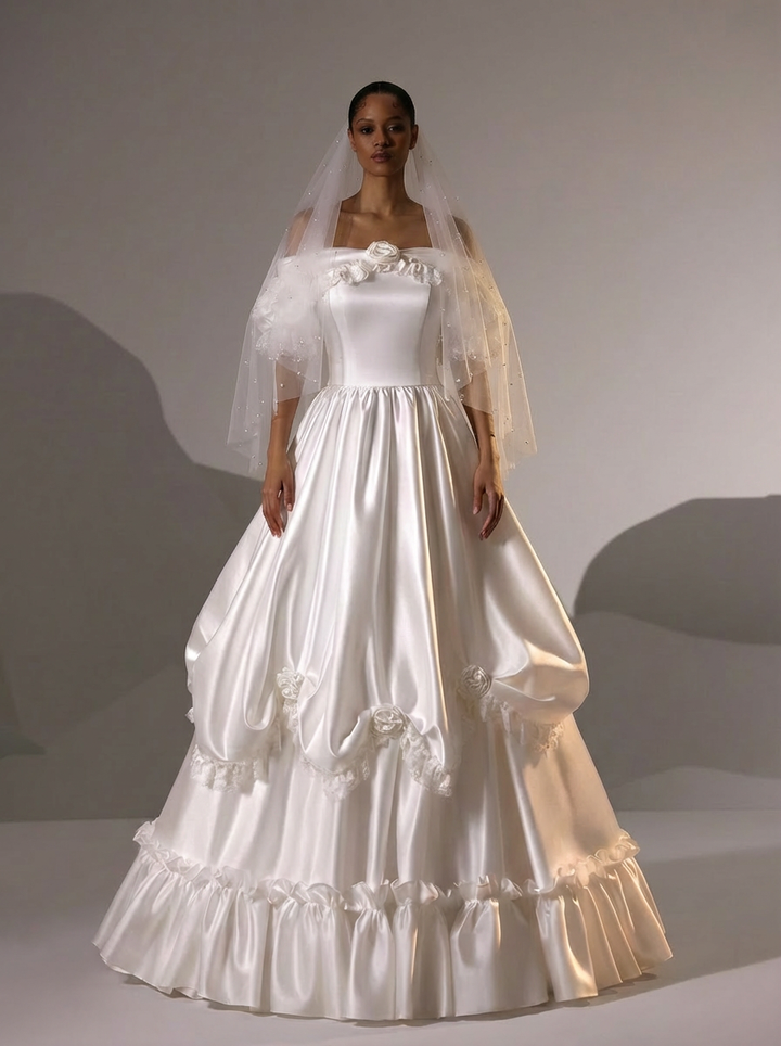 Vintage Off the Shoulder Wedding Dress with Rosettes – Satin Wedding Dress with Lace Ruffles Plus Size