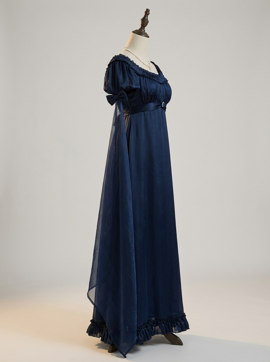 Regency Era Navy Blue Empire Waist Gown – Bridgerton Inspired Sheer Overlay Plus Size