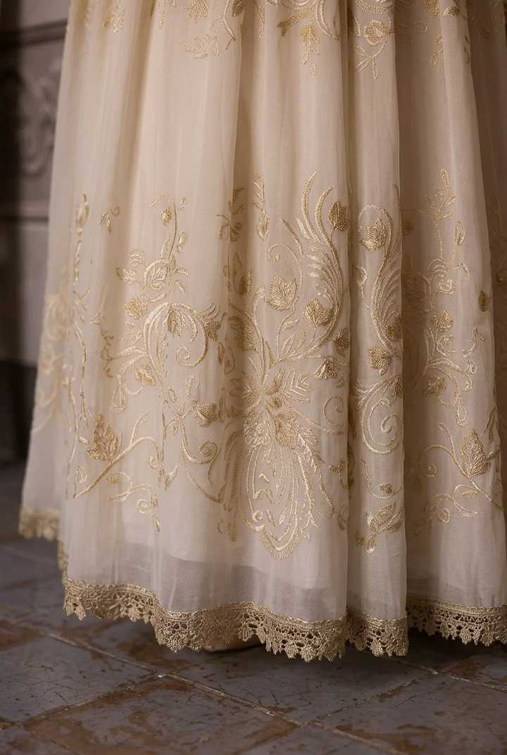 Ivory Fantasy Goddess Dress with Embroidered Details - Fantasy Dress with Flowing Sleeves and Corset Plus Size