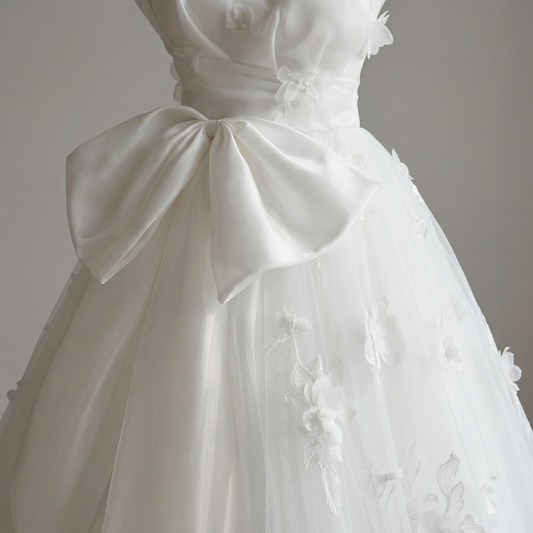 White Floral Wedding Dress with Bow – Ball Gown Wedding Dresses Princess with Strapless - Fairytale Wedding Dress Plus Size