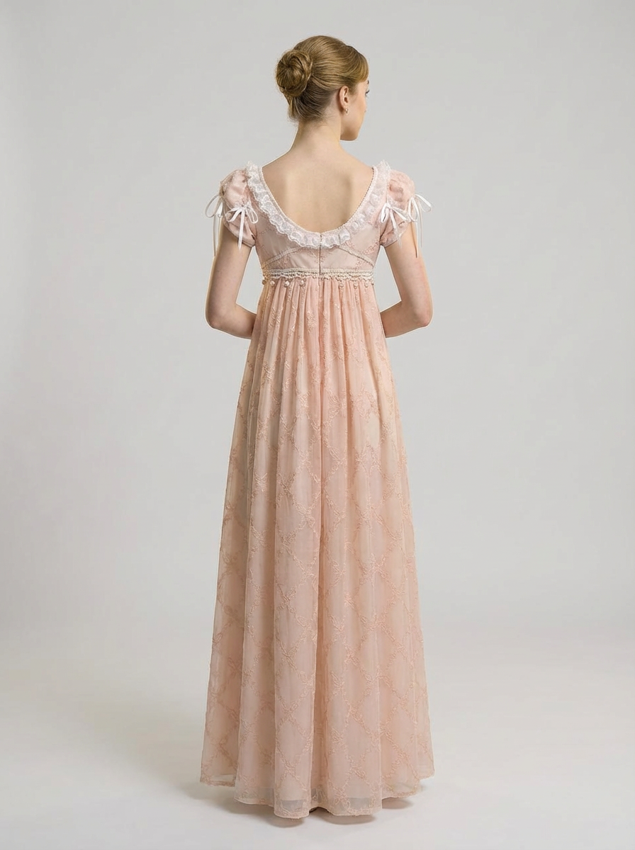 Regency Era Blush Pink Embroidered Tulle Empire Waist Dress – Bridgerton Inspired Ribbon Shoulder Gown Plus Size