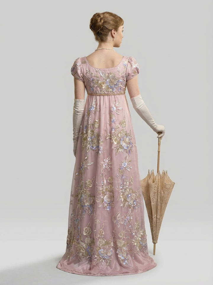 Pink Regency Era Embroidered Dress - Empire Waist Dress with Tulle Plus Size