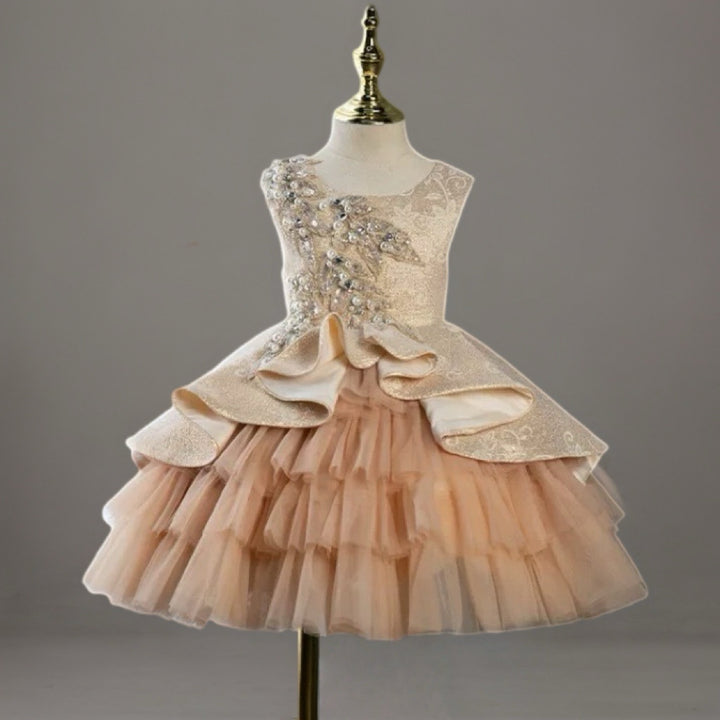 Champagne Layered Tulle Toddler Flower Girl Dress with Beaded Bodice – Special Occasion Girl Dress Plus Size